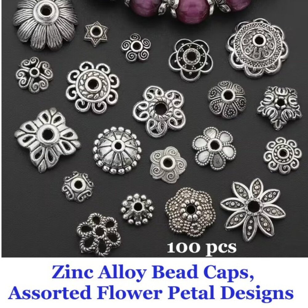  100pcs Zinc Alloy Bead Caps, Assorted Flower Petal Designs